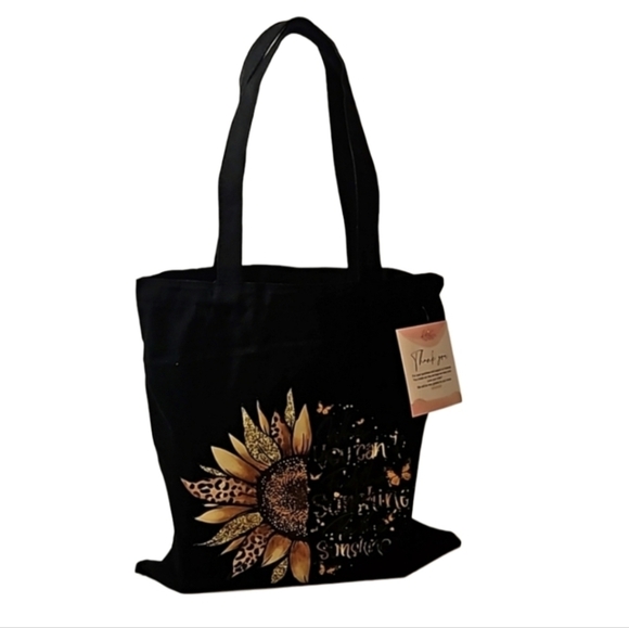 Hand Crafted Black Canvas Bag Sunflower Iron-on Vinyl transfer 13" x13" Handmade - Picture 1 of 17